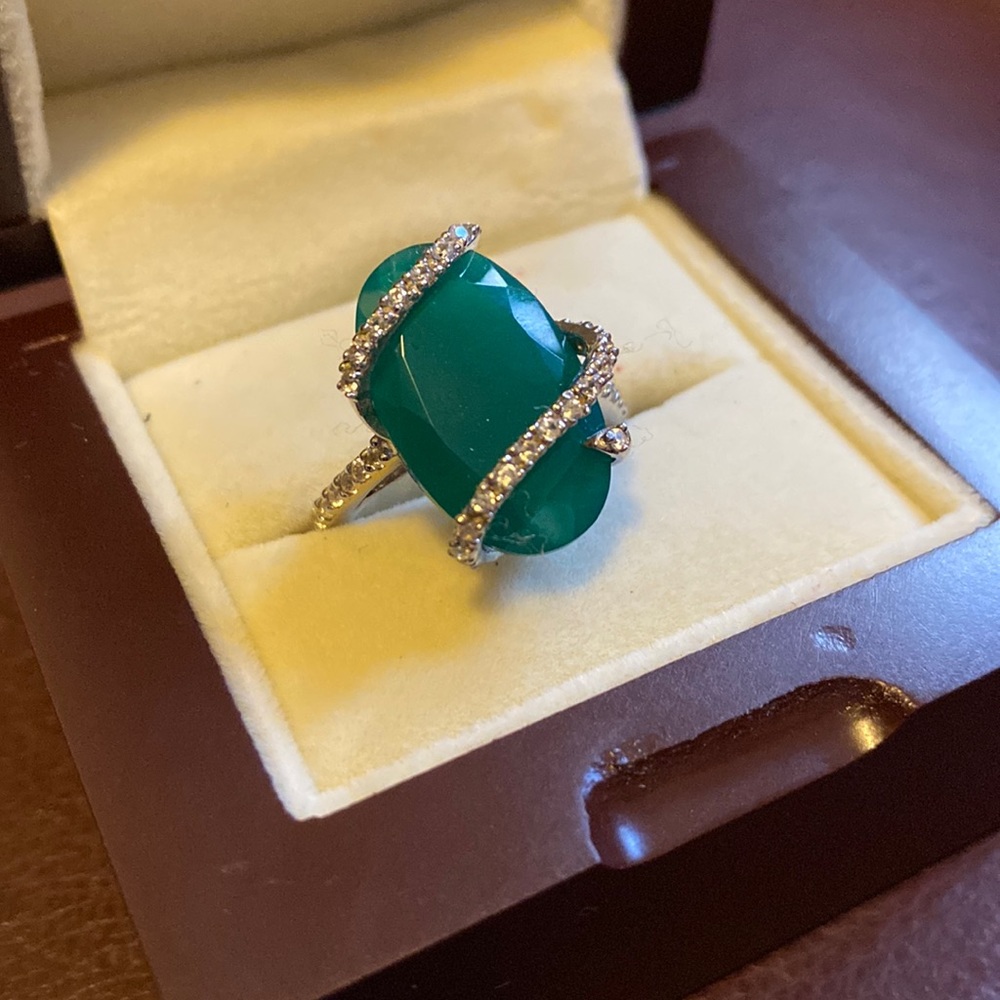 ☘️ Green Onyx White Zircon Ring in Platinum Over Sterling Silver 10.90 ctw